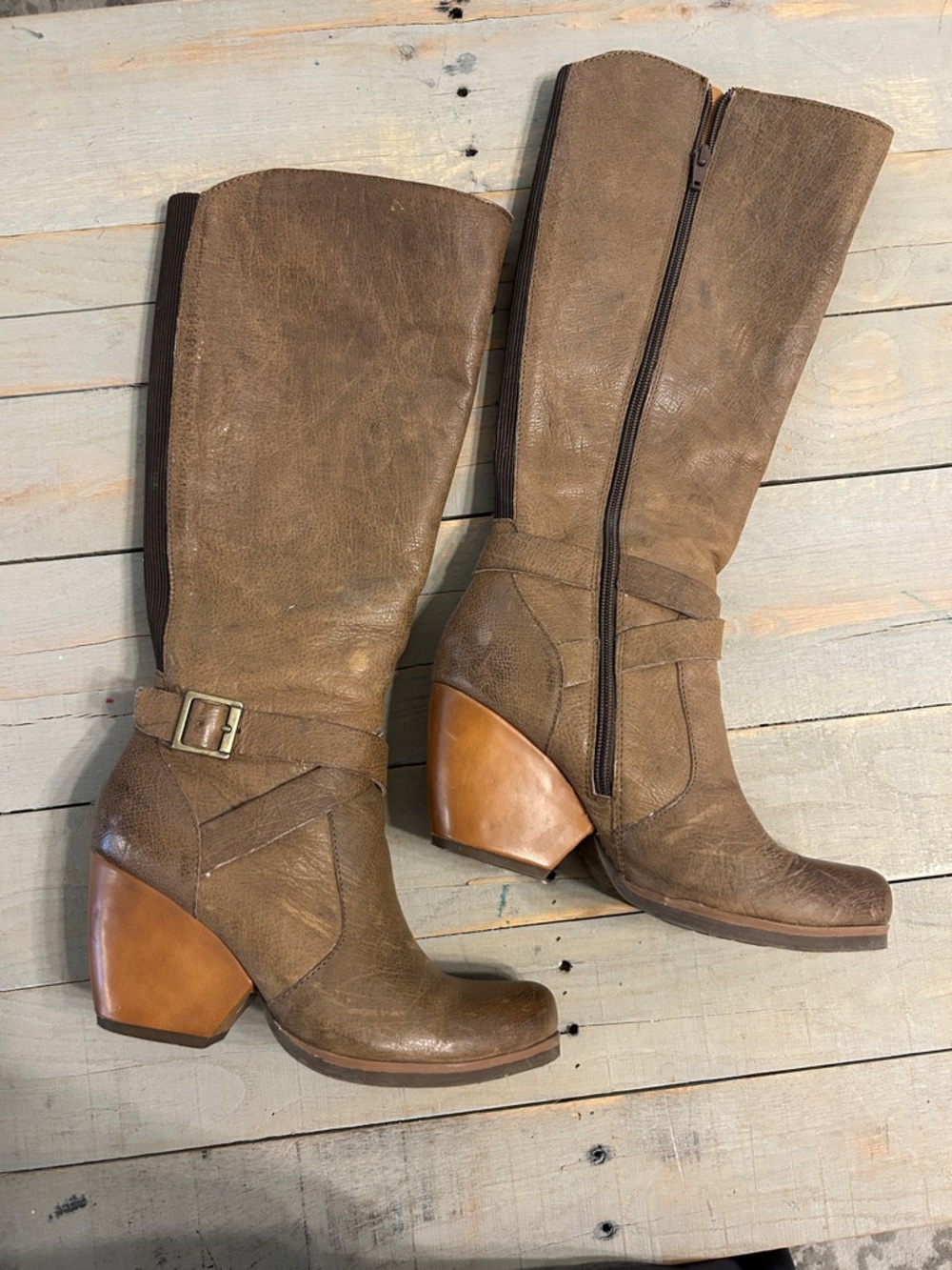 Kork-Ease Brown Leather Mid-Calf Heel Boots with Buckle
